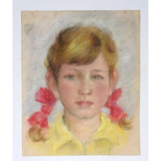 Vintage circa 1930's pastel on paper portrait painting of young girl with red ribbons in her hair. Unsigned. Unframed, age...