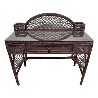 Vintage Boho Coastal Painted Wicker Bar Desk For Sale