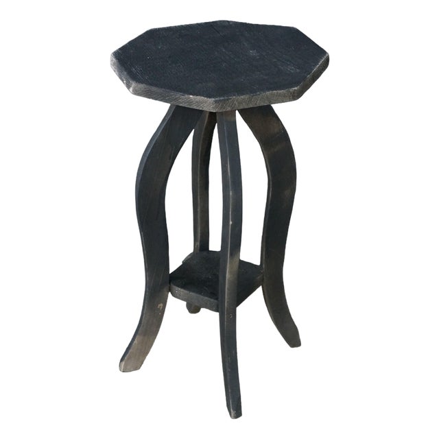 Vintage Arts & Crafts Oak Black Octagonal Plant Stand Pedestal Table 25" For Sale