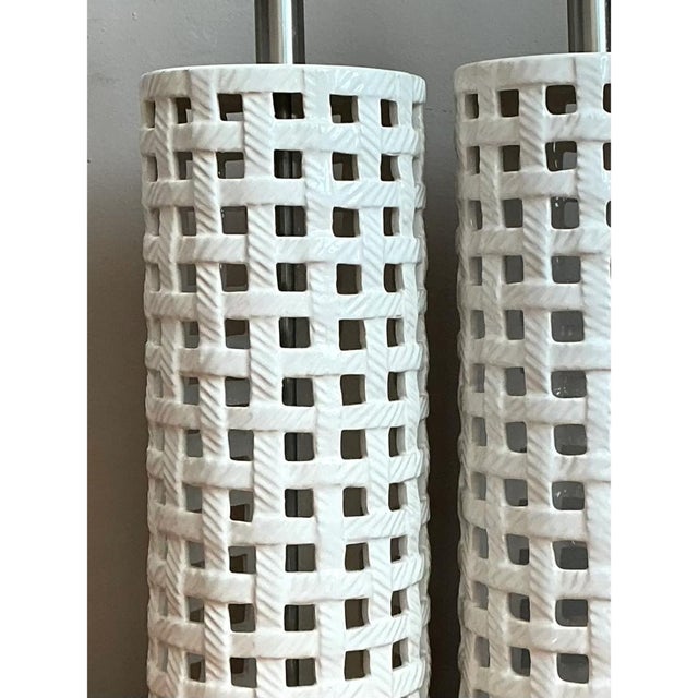 Vintage Lattice Ceramic and Chrome Lamps - Pair For Sale - Image 9 of 12