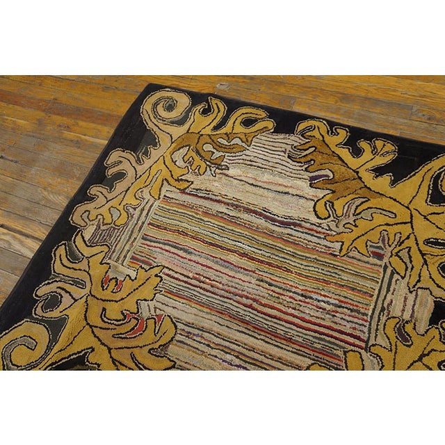 1920s Ivory Brown Floral Folk Art Antique American Hooked Rug 3'8" X 4'0" Handknotted Wool Carpet For Sale - Image 4 of 5