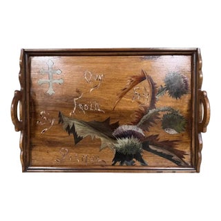 Rectangular Wooden Tray with Marquetry Decoration of Thistles in the style of Emile Gallé For Sale