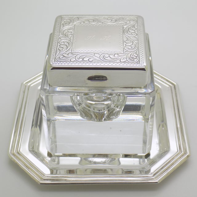Vintage Italian Handmade Genuine Silver Inkwell in Glass and Silver with Tray from Prato Tuscany, 1970s For Sale - Image 18 of 18