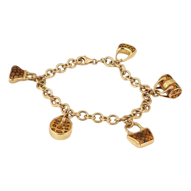 Mid 20th Century Enamel 5 Bag Charms 14k Yellow Gold Chain Bracelet For Sale