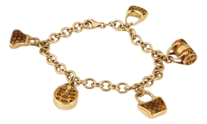 Mid 20th Century Enamel 5 Bag Charms 14k Yellow Gold Chain Bracelet