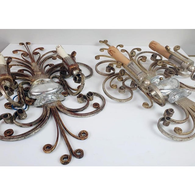 Pair of Silver Wrought Iron And Glass Wall Lights by Banci , Italy, 1940s This piece is attributed to the mentioned...