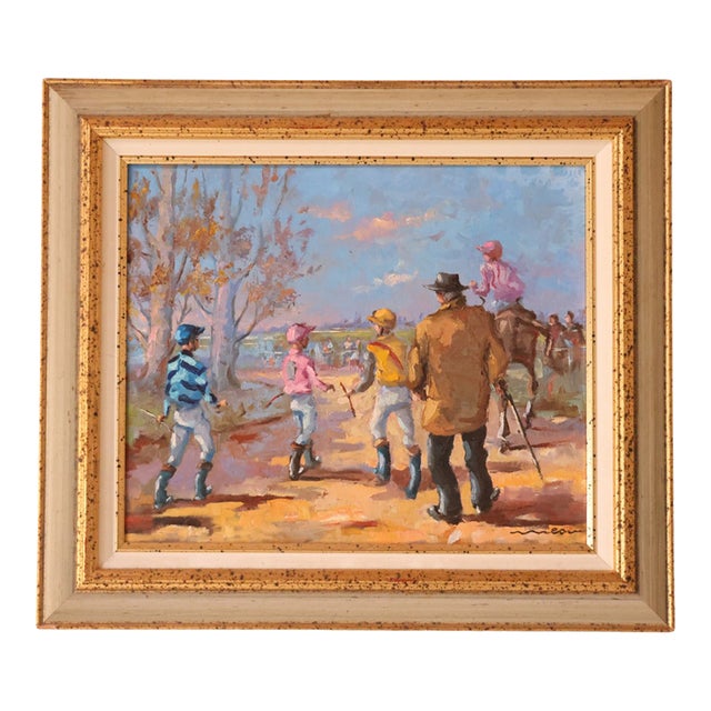 Mid 20th Century French Jockey Scene Painting by Jacques Meaux For Sale