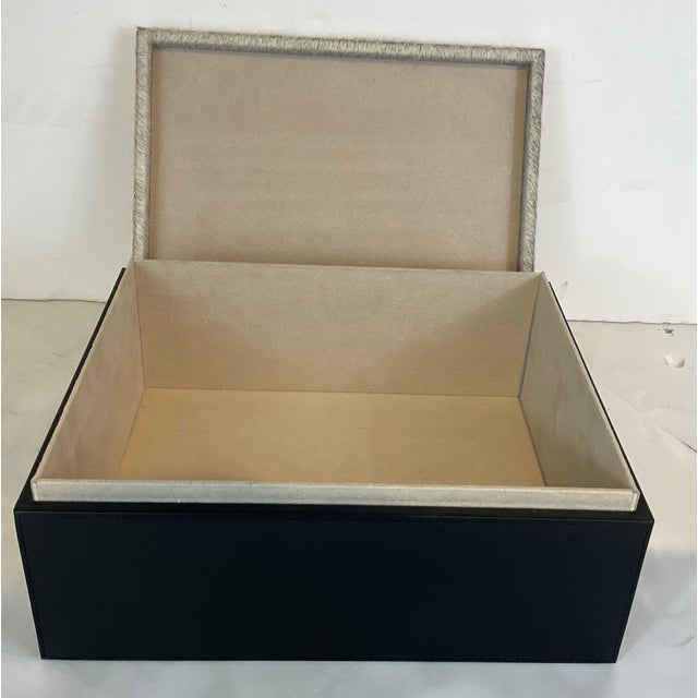 Stylish Currey & Company Modern Hair on Hide Black Small Leather Box, beige lined suede interior, showroom floor sample