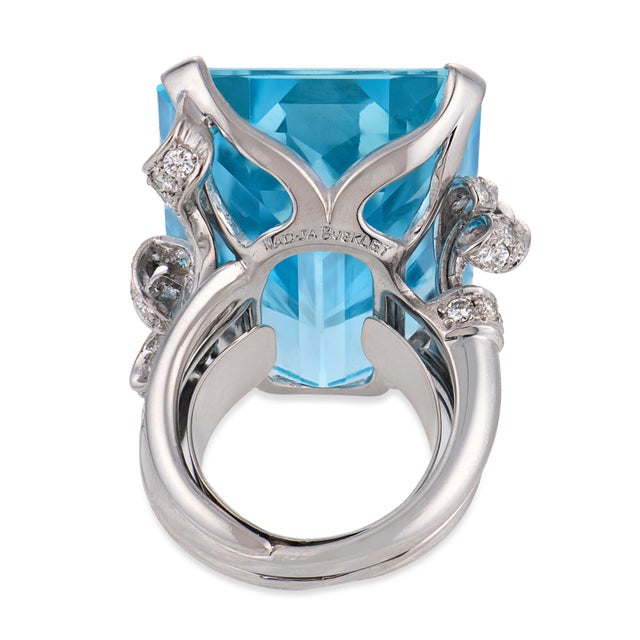 Nadja Buckley Mid Century 51.50 Carat Aquamarine Diamond Platinum Cocktail Ring, Size 5 For Sale In Los Angeles - Image 6 of 6
