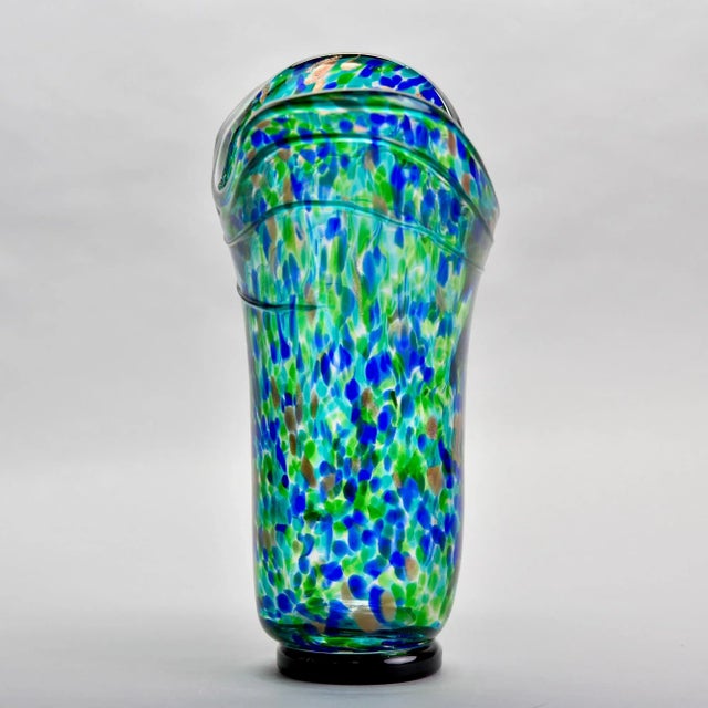 Tall Vintage Blue Green Gold Splatter Art Glass Vase For Sale In Detroit - Image 6 of 13