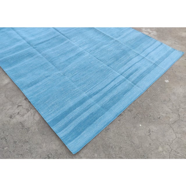 Handmade Cotton Vegetable Dyed Reversible Solid Sky Blue Rug Dhurrie - 9'x12' For Sale - Image 6 of 11