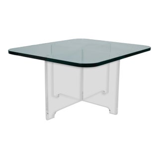 Contemporary Modern X Shaped Base Lucite and Glass Rounded Square Coffee Table For Sale