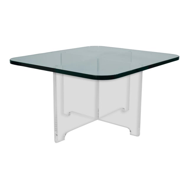 Contemporary Modern X Shaped Base Lucite and Glass Rounded Square Coffee Table For Sale