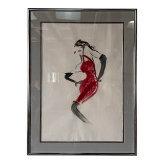 1980’s Vintage Fashion Illustration Painting – Red Dress Figure, Framed Under Glass For Sale