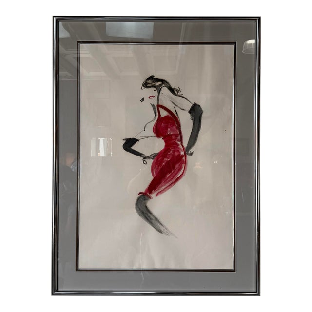 1980’s Vintage Fashion Illustration Painting – Red Dress Figure, Framed Under Glass For Sale