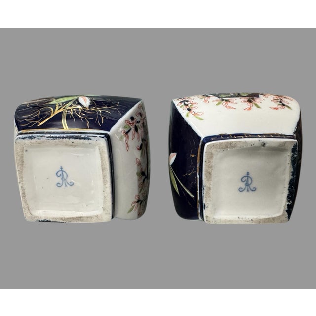 Blue Pair of Antique Floral Bird and Gilt Decorated 12" Porcelain Vases For Sale - Image 8 of 10