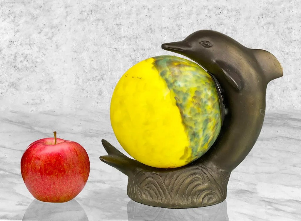 Vintage Art Deco Cast Metal Dolphin & Satin Glass Figural Tv Lamp
