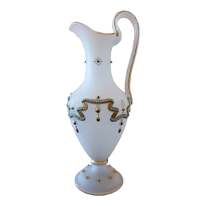 Antique Baccarat Style Jeweled Opaline Glass Ewer