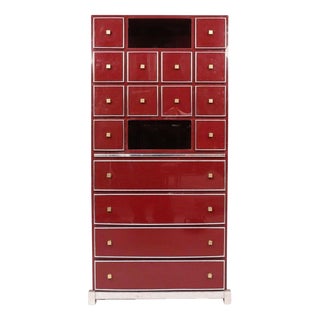 Mid-Century Red Cabinet Secretary in Brass, Chrome and Lacquer attributed to Michel Pigneres, 1970s For Sale