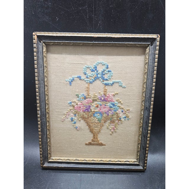 Antique Framed 1930's Floral Bouquet Embroidered Cross Stitch