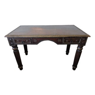 Vintage Mid-Century South Asian Hand Carved Wood and Brass Desk For Sale