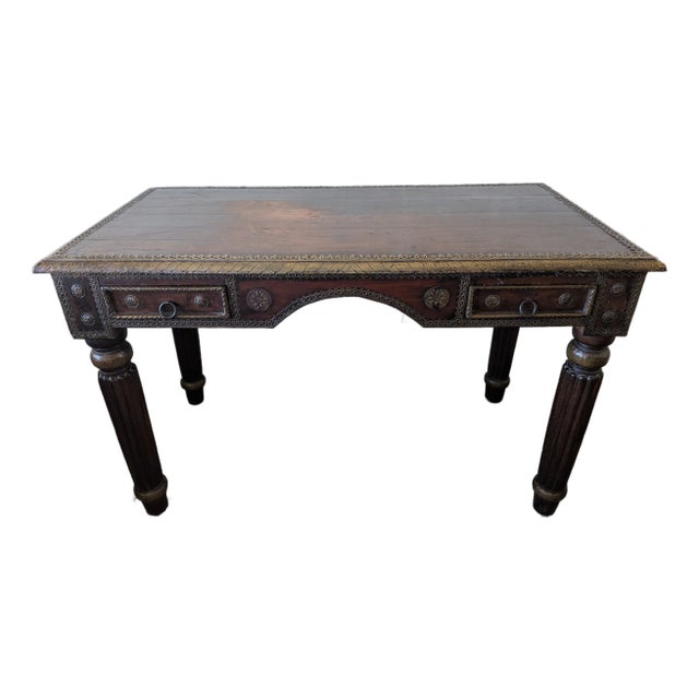 Vintage Mid-Century South Asian Hand Carved Wood and Brass Desk For Sale