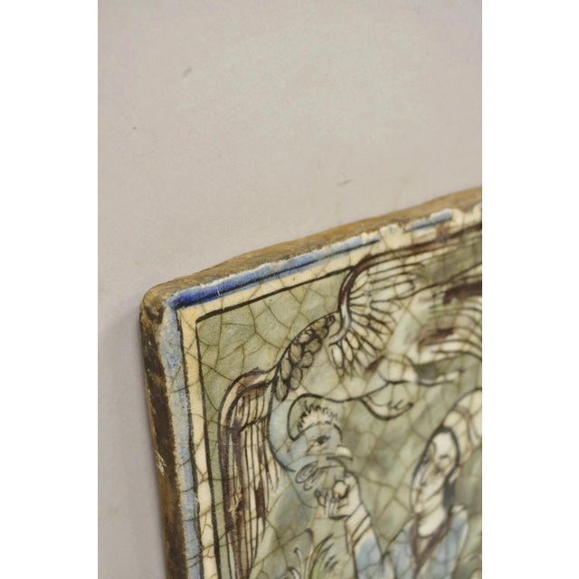 Antique Persian Iznik Qajar Style Ceramic Pottery Tile Light Blue Bird Rider C1 For Sale In Philadelphia - Image 6 of 10