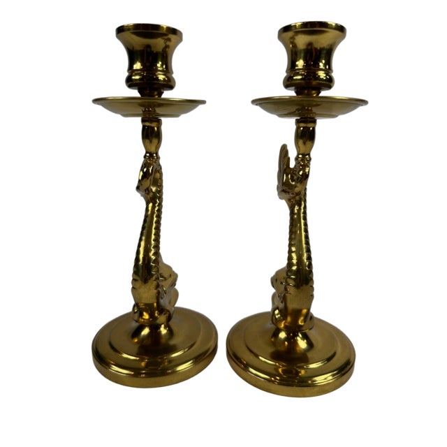 20th Century Brass Brighton Dolphin Neoclassical Candle Holders - a Pair For Sale In Houston - Image 6 of 7