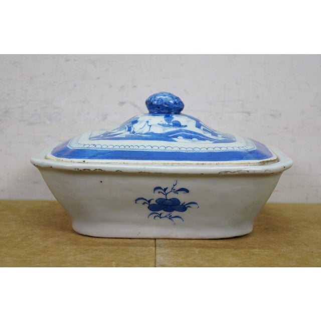 Antique Chinese Export Canton Blue White Serving Platter & Vegetable Tureens - Set of 3 For Sale - Image 4 of 18