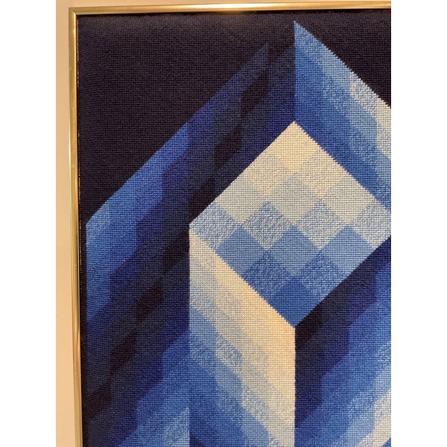 Vivid op art graphic needlepoint in the style of Victor Vasarley. This poster-sized textile art is done in multiple shades...