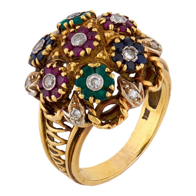 Vintage Gemstone Bouquet Cluster 18k Gold Cocktail Ring, Size 8 For Sale