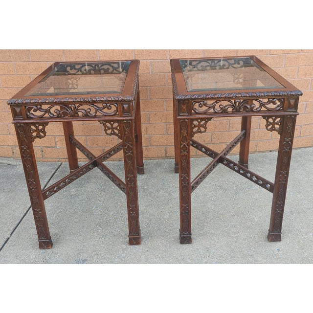 Brown Pair of Chinese Chippendale Style Fretwork and Glass Inset Mahogany Side Tables For Sale - Image 8 of 9