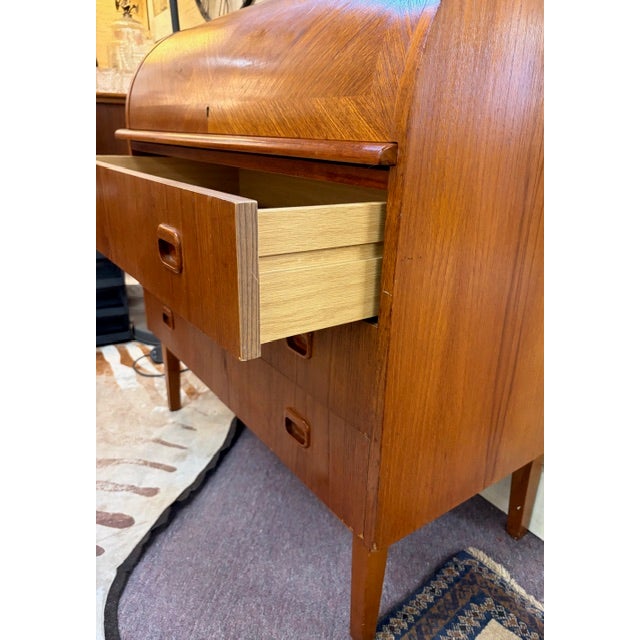 Mid Century Swedish Bookmatched Teak Roll Top Secretary Desk by Egon Ostergaard for Smi, Signed For Sale - Image 13 of 13