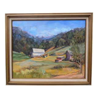 Mid Century Farmland Fields Landscape Oil Painting Signed For Sale