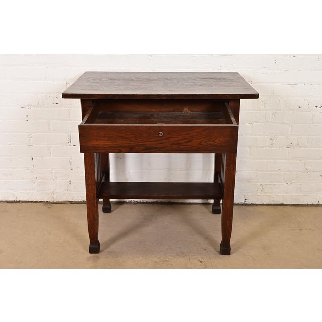 Early 20th Century Stickley Brothers Style Antique Mission Oak Arts & Crafts Writing Desk or Library Table, Circa 1910 For Sale - Image 5 of 12