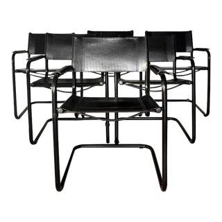 1970s Mid Century Modern Dining Chairs Black Leather Tubular Mart Stam Style Cantilever Made in Italy - Set of 6 For Sale
