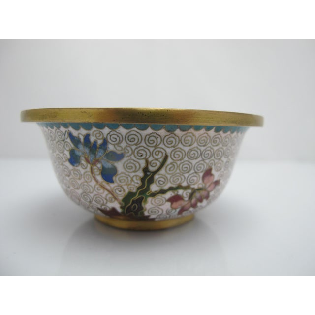 Chinese Small Cloisonne Flower Branch Green Interior Bowl Pair For Sale - Image 4 of 9