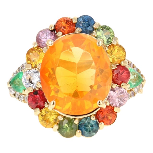 6.74 Carat Fire Opal Sapphire Diamond 14 Karat Yellow Gold Cocktail Ring Size 7 For Sale