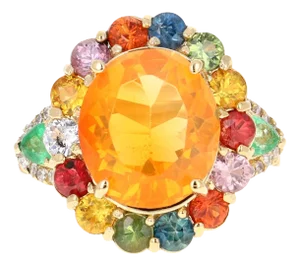 6.74 Carat Fire Opal Sapphire Diamond 14 Karat Yellow Gold Cocktail Ring Size 7