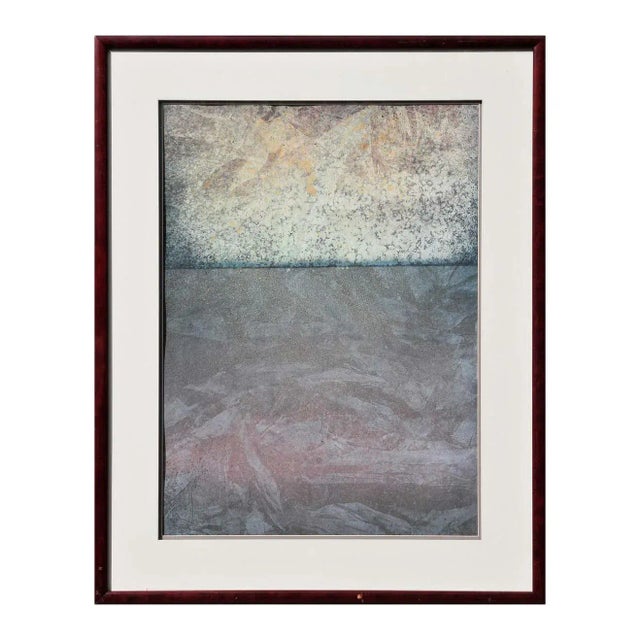 Black and gray toned abstract mixed media painting by Charles Bernell. Framed and matted in a red stained wooden frame....