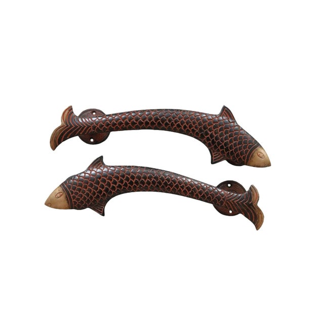 Rustic Brass Fish Door Handles, a Pair For Sale - Image 3 of 5