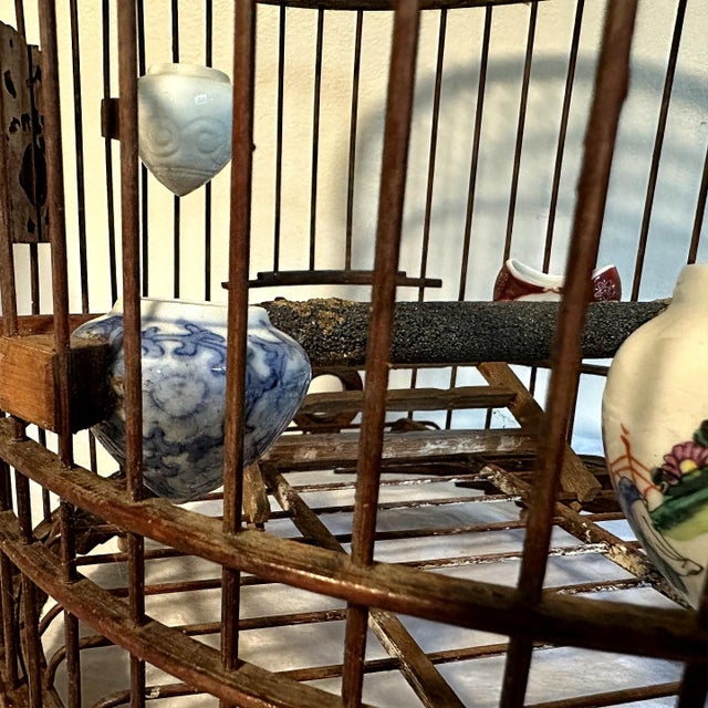 Antique Cantonese Carved Teak Wood Bird or Canary Cage With 5 Blue & White Porcelain Bowls For Sale - Image 9 of 10