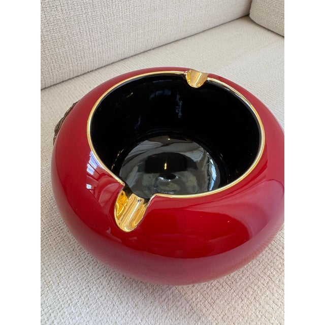 Fantoni Vintage Italian Glazed Ceramic Ashtray With Brass Lion Head Knockers, in the Manner of Gio Ponti, Signed Florence Italy, 1960s For Sale - Image 4 of 7