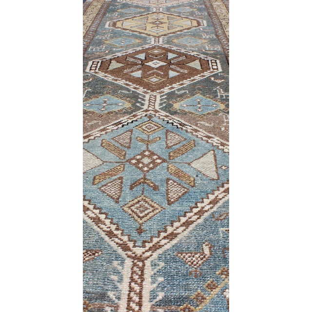 Antique Persian Heriz Runner With a Series of Geometric Medallions in Sky Blue 2'8 X 15'6 For Sale - Image 10 of 12