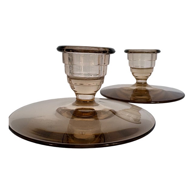 Swedish Grace Art Deco Candlesticks in Smoked Glass, 1920s, Set of 2 For Sale
