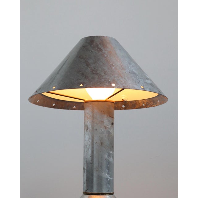 1980s Ron Rezek Galvanized Steel Table Lamp With Brass Accents For Sale In Los Angeles - Image 6 of 7