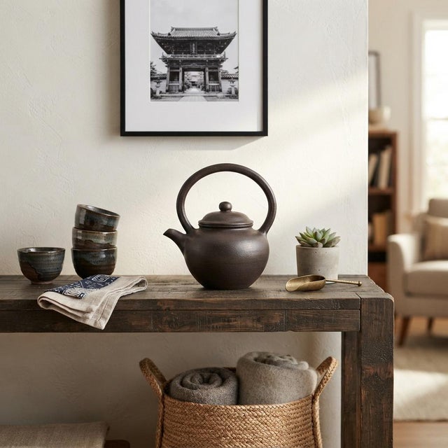 Coffee Chinese Handmade Dark Brown Zisha Clay Arch Handle Display Teapot Art For Sale - Image 8 of 13