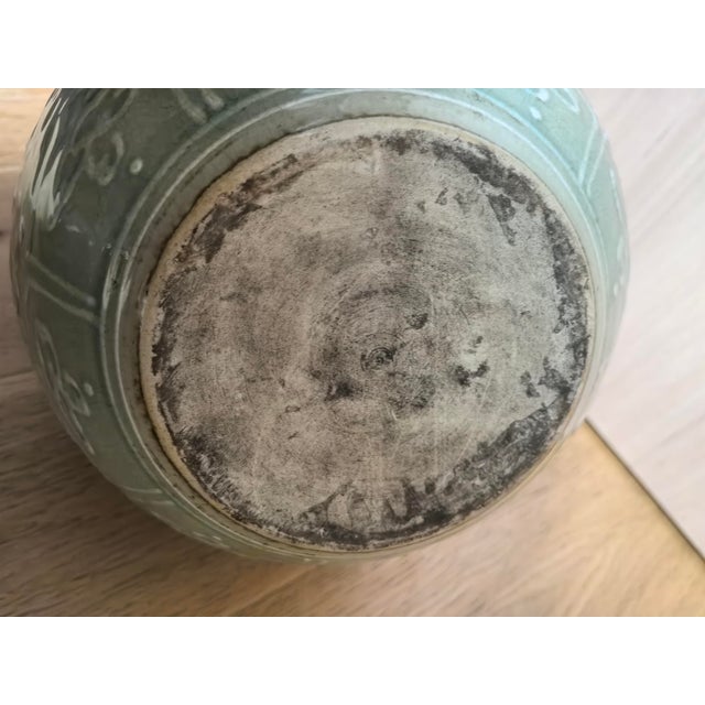 Early 20th Century Chinese Ceramic Pot Longquan Ware Celadon Lid Jar Hand Carved Flowers Pattern For Sale - Image 5 of 11