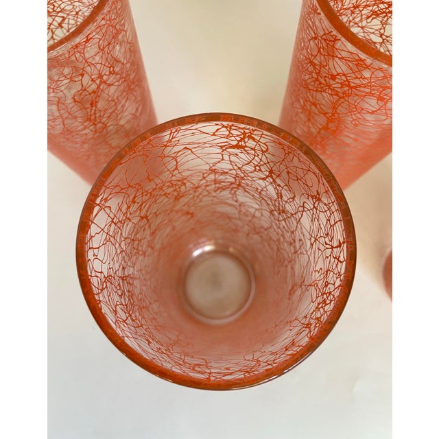 1950s 1950's Set of 5 Mid-Century Spaghetti-Painted Glass Tumblers in Coral Orange For Sale - Image 5 of 6