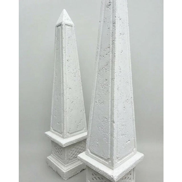 Pair of Grand Classical Cast Stone Garden Obelisks on Lattice Plinths For Sale - Image 4 of 11